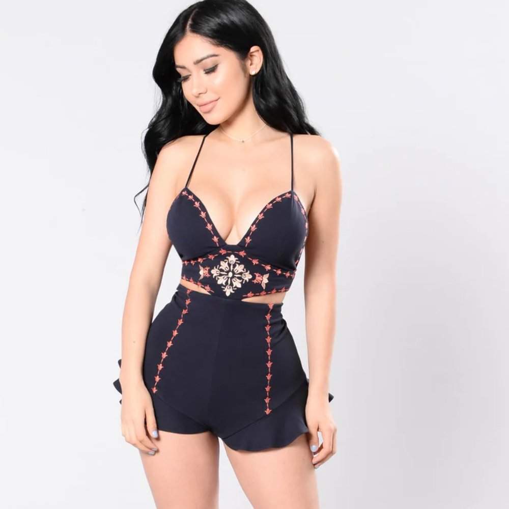 Fashion Nova Navy Embroidered Cut-Out Romper Size Large